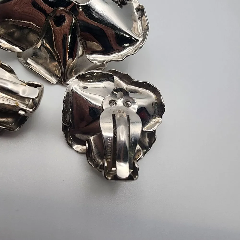Vintage Napier Sterling Silver Flower Brooch & Clip-On Earrings Set